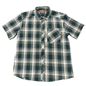 Simms Fishing Shirt Mens M Green White Plaid Button Up Short Sleeve Lightweight